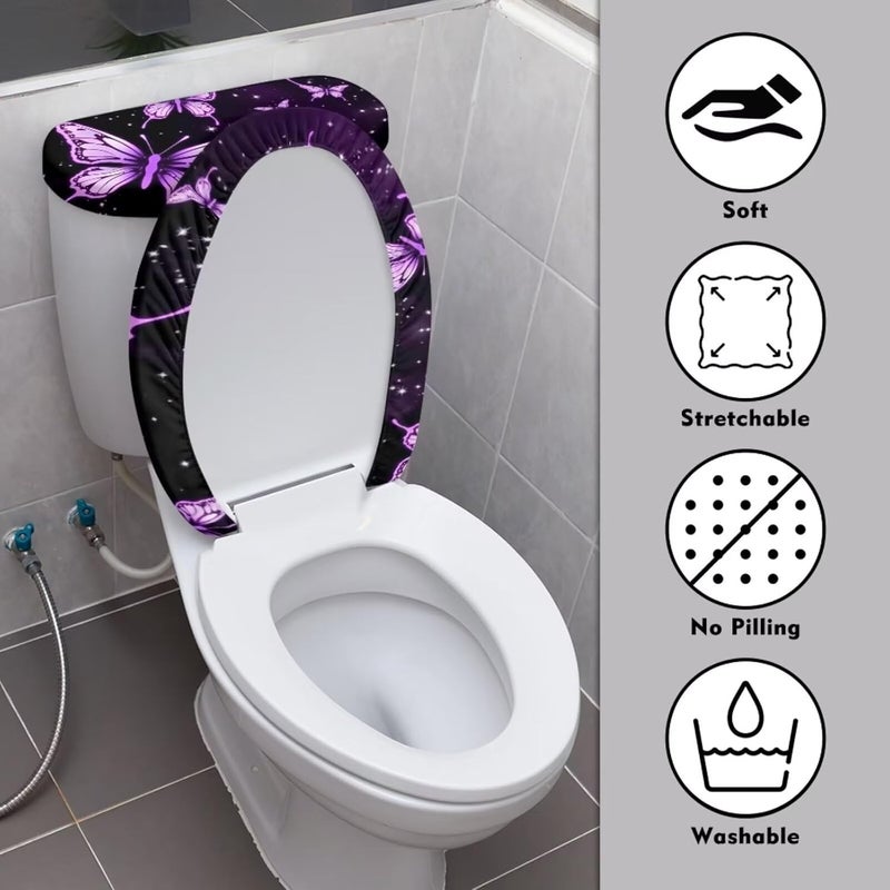 CREAMIC Purple Butterfly Bathroom Toilet Lid Covers and Tank Cover Set Seat Covers Fits Most Lids for Accessories Decor with Elastic Edge Keep Dust Stain Machine Washable - Image 3